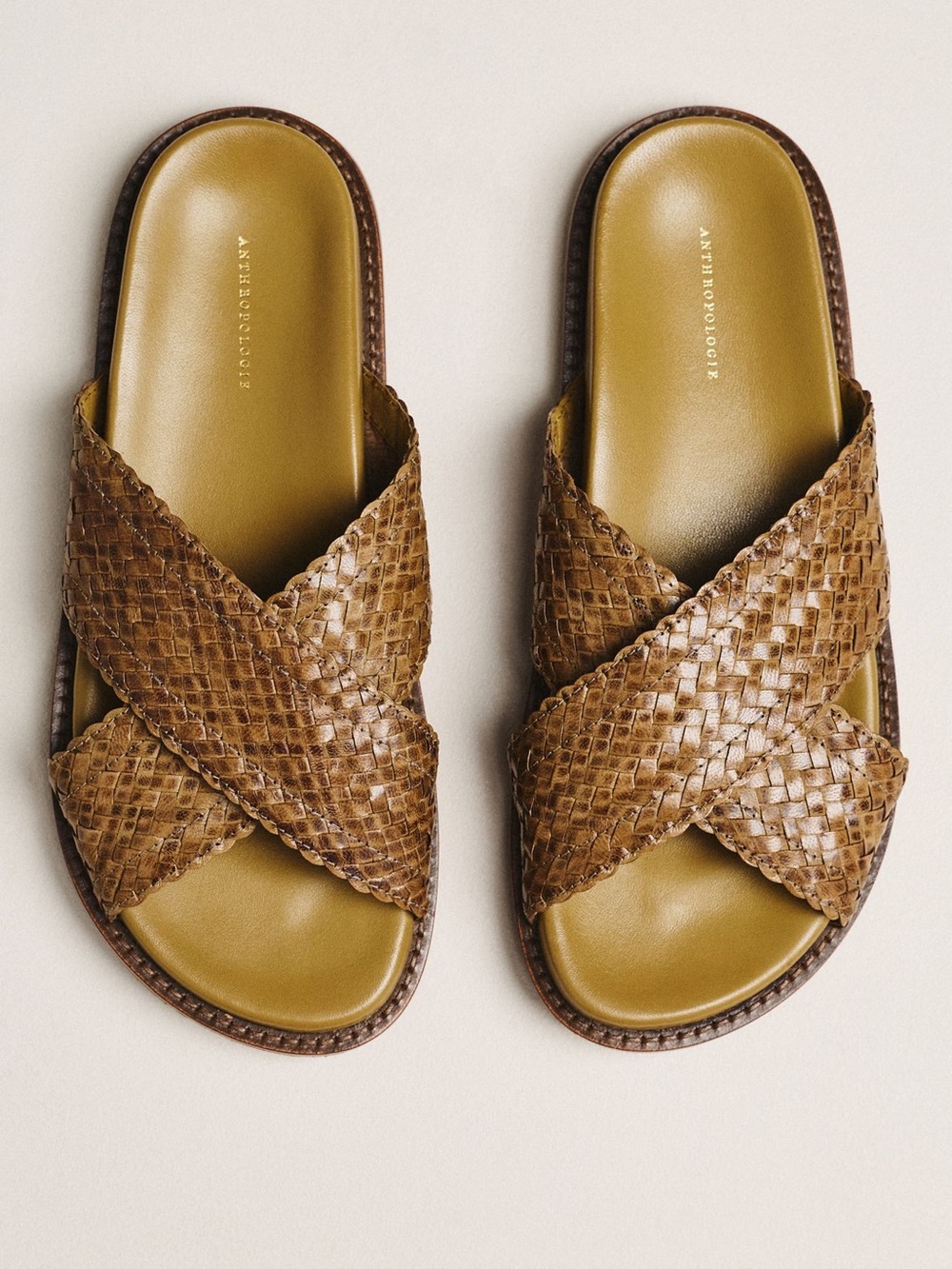 Anthropologie Woven Leather Crossband Slide Sandals in Tan and Olive - Picture 2 of 10